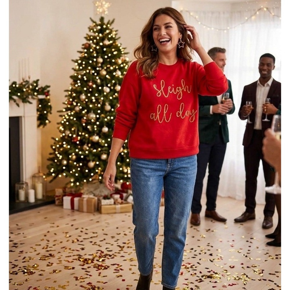 Mud Pie Sleigh All Day Sweatshirt Women S/M Red Gold Tinsel Holiday Festive Cozy